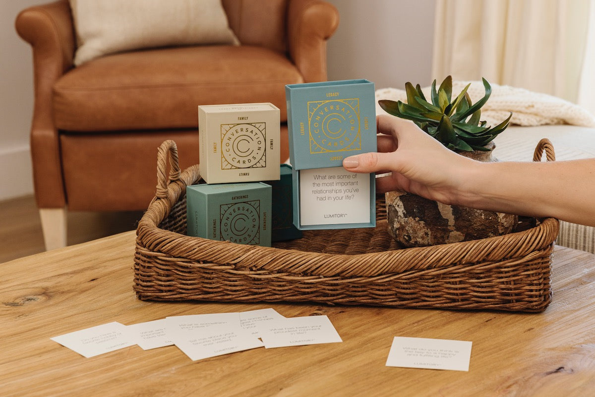 Conversation cards stacked on a coffee table