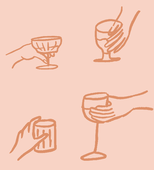 Minimalist line drawing of hands holding different types of drinkware, including a cocktail glass, a wine glass, and a cup, illustrated in soft peach and orange tones.