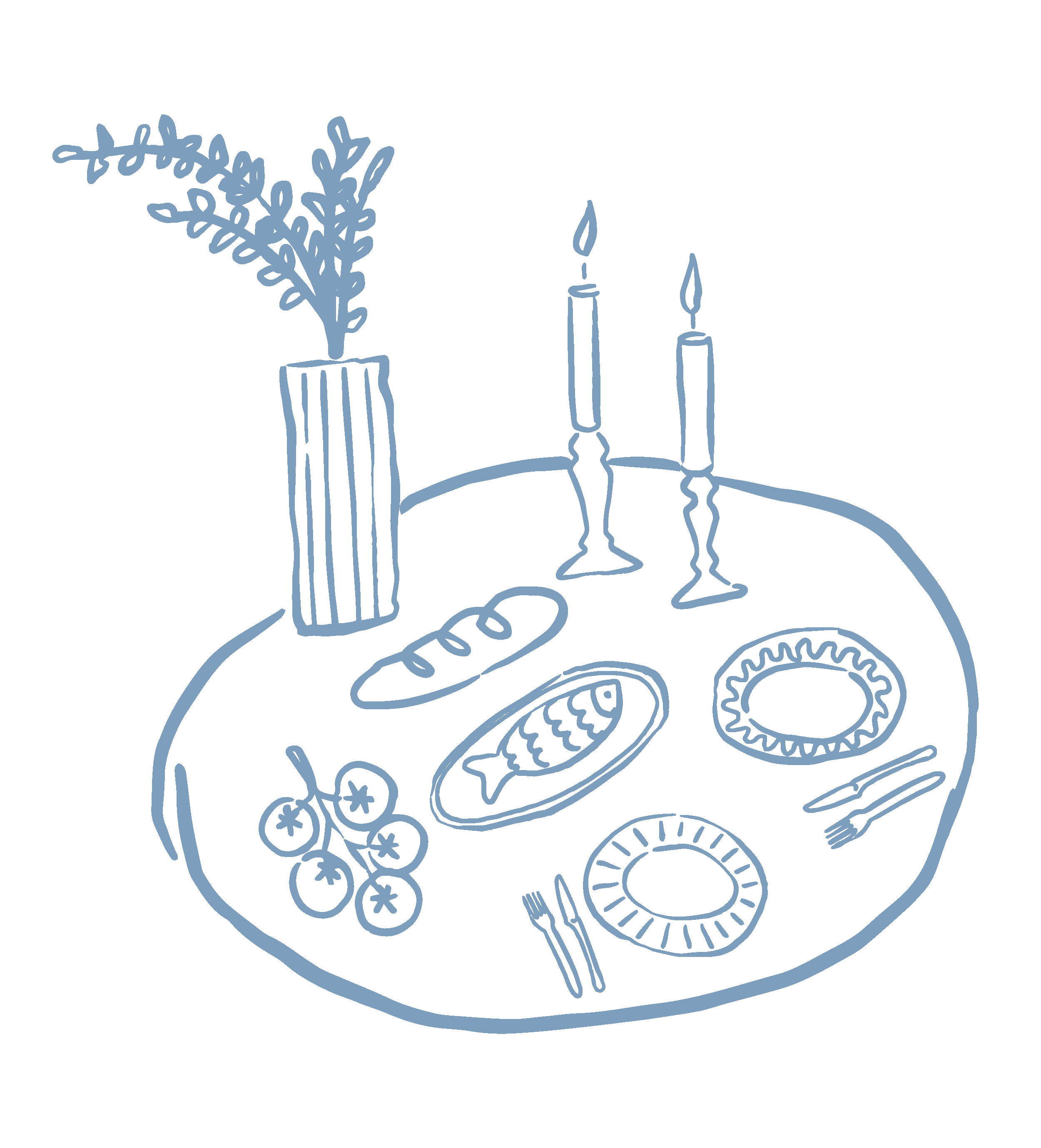 Minimalist line drawing of a dining table set with candles, a vase with greenery, a loaf of bread, a fish on a platter, a bunch of tomatoes, and two plates, illustrated in blue.