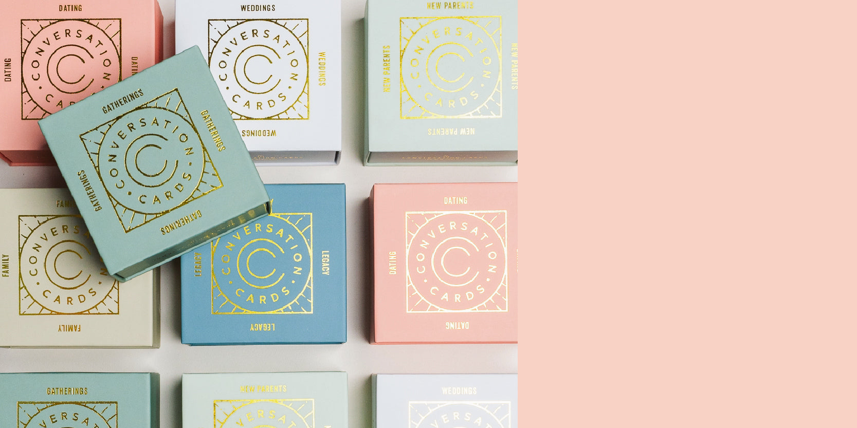 Colorful boxed sets of Conversation Cards arranged neatly, with categories like Gatherings, Dating, Weddings, Family, Legacy, and New Parents, featuring gold embossed text on pastel-colored packaging.